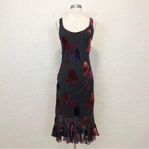 Vintage 90s Y2K Betsey Johnson Midi Dress Chiffon Velvet Black Floral Small M